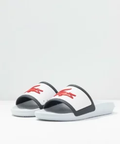 Lacoste CROCO SLIDE - Sandales De Bain - White/navy/red -Lacoste Soldes Magasin 45aab54f92c84a159680b056be4dd9cf