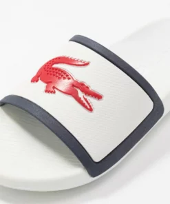 Lacoste CROCO SLIDE - Sandales De Bain - White/navy/red -Lacoste Soldes Magasin ae67a3ab6806441ca3496683ed53bfc1
